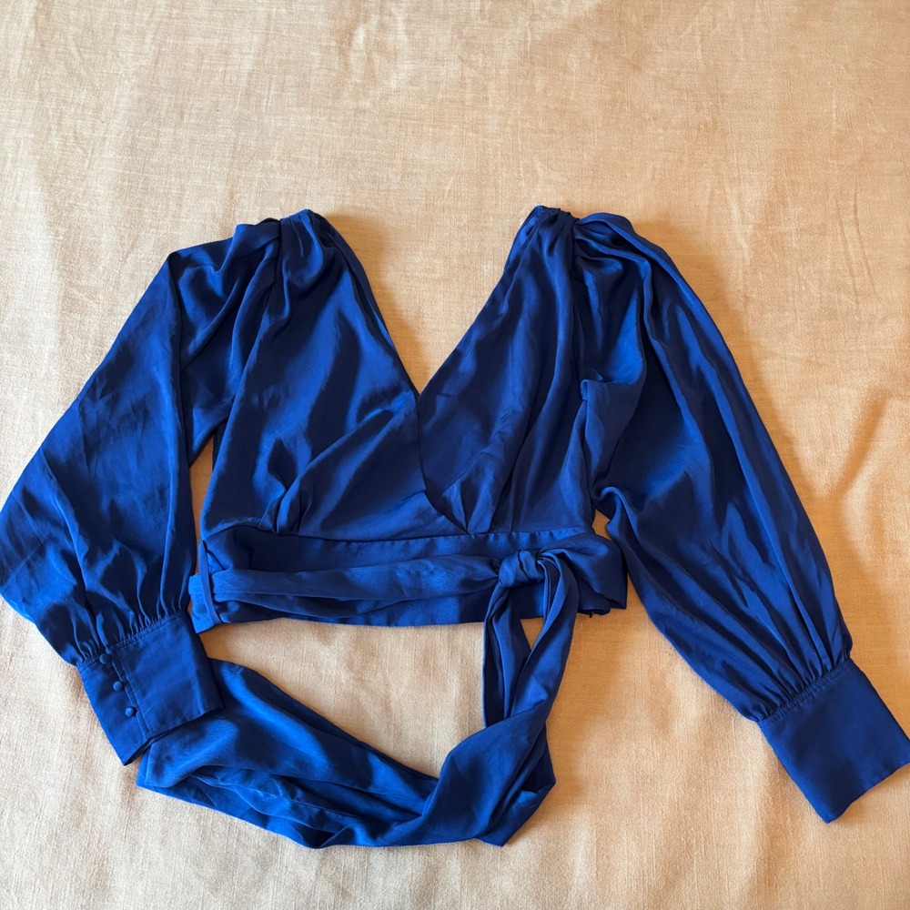 Banana Republic Wrap Top Size 12 Satin Bishop Sleeve Royal Blue Chic Evening
